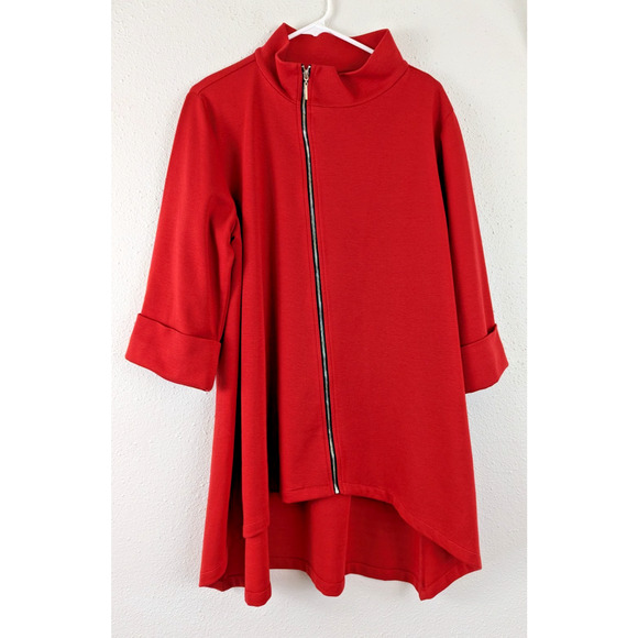 Comfy USA sz M Asymmetrical Zip Tunic Jacket knit red 3/4 cuff sleeves 1376 - Picture 1 of 6
